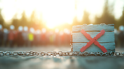 A close-up view of a wooden barrier marked with a red 'X,' symbolizing restricted access and social movement.