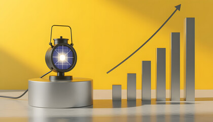 A spotlight illuminating a solar panel next to a rising bar chart, symbolizing growth and sustainable energy.