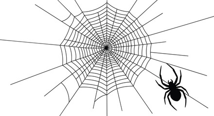 Black Silhouette Spider on Ornate Radial Geometric Cobweb Isolated Vector Illustration for Halloween Design, Insect Phobia, Nature, Fear, and Spooky Season Decorations
