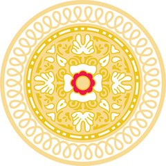 a circular design with a flower in the center.a circular design with green, purple and white flowers.an ornate circular pattern in yellow and blue.