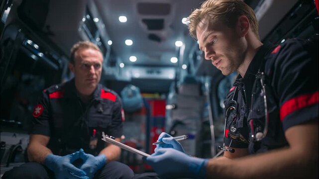 Male paramedic taking notes while working with colleague in ambulance  