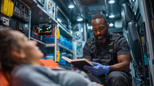 Black male paramedic in uniform taking notes while attending to patient in ambulance  