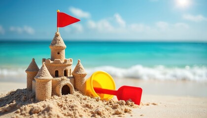 Small sand castle with red flag sits on sunny beach. Yellow bucket and red shovel rest nearby. Blue ocean waves lap shore. Summer vacation fun begins.