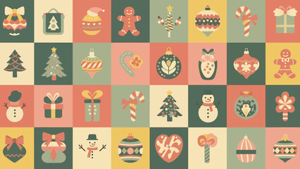 Pastel Christmas gift box pattern with festive icons like trees, ornaments, snowmen and reindeer