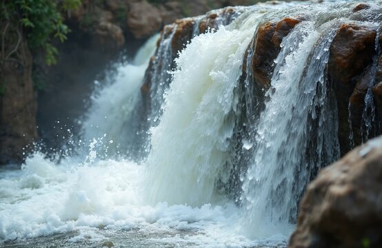 Powerful waterfall cascades over rugged rocks into foamy white water below. Fast flowing river creates mist and spray in natural wild landscape. Water stream tumbles down rocky cliffs outdoors. - Powered by Adobe