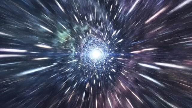 Cinematic 4k motion footage of a spaceship traveling at warp speed through a cosmic wormhole tunnel with fast motion star streaks.