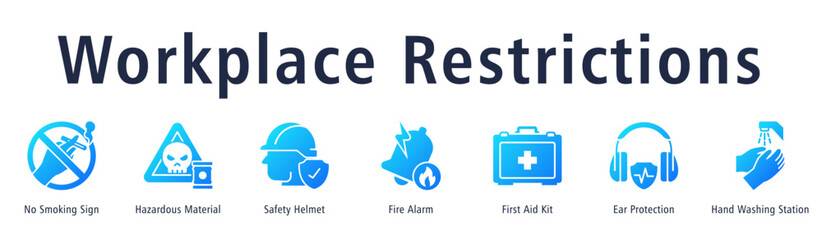 Workplace Restrictions banner with No Smoking, Hazardous Material, Helmet, Fire Alarm, First Aid, Ear Protection, and Hygiene Station.