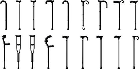 cane, crutch, support, mobility, medical, rehab, walking, stick, aid, silhouette, vector, equipment, elderly, orthopedic, healthcare