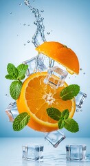 A vibrant orange slice, fresh mint leaves, and ice cubes in mid-air, suspended in a splash of water, creating a cool and refreshing visual.