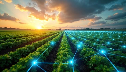 Rows of green crops stretch towards horizon. Digital grid overlays field with glowing blue nodes. Sunrise or sunset sky with clouds. Advanced tech in agriculture, smart farm data.