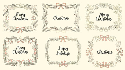 A collection of six hand-drawn Christmas and holiday frames with botanical decorations and festive greetings.