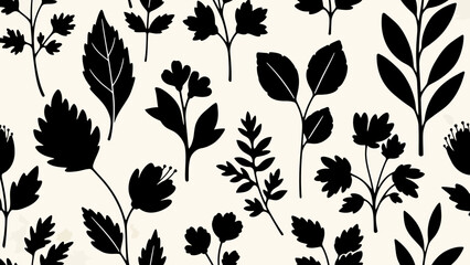 Fototapeta premium Seamless pattern with black silhouettes of various botanical leaves and small plant branches on a light beige background, minimalist nature design.