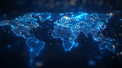 A futuristic digital map of the world, showcasing glowing connections and data flows across continents.