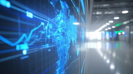 A futuristic digital interface showcasing global data trends in a sleek modern environment.