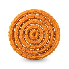 Delicious and crispy chakli, a spiralshaped snack made from rice flour, gram flour, and spices isolated on white background