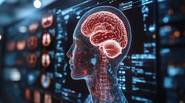 A futuristic digital representation of a human brain highlighting neural connections and technological interfaces. - Powered by Adobe
