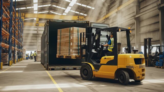 Forklift Operator Loading Pallets Into Shipping Container Inside Warehouse