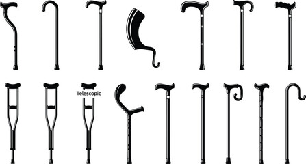 Collection of diverse walking canes and crutches in detailed black silhouette style, featuring mobility aids, support handles, adjustable designs, and ergonomic medical equipment icons