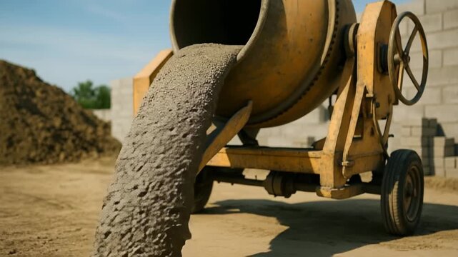 A surreal video showing a yellow cement mixer with a small elephant inside (start frame) pouring wet, textured concrete (end frame) onto a dusty construction site, conveying themes of unusual concepts