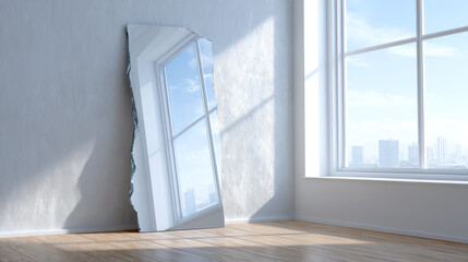 Fototapeta premium A modern interior featuring a unique, angled mirror reflecting natural light and city views, offering a serene ambiance.