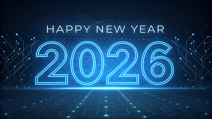 Happy new year 2026 digital futuristic celebration greeting card