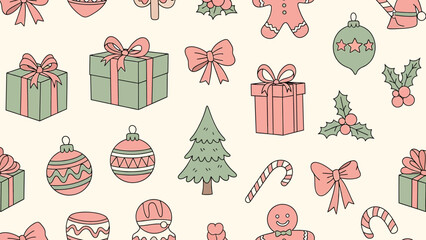 A seamless pattern featuring various hand-drawn Christmas holiday elements like gift boxes, trees, ornaments, candy canes, and holly in a retro color palette.