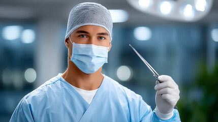 A professional surgeon in surgical attire, confidently holding a surgical instrument in a modern operating room.