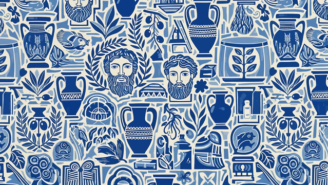 Seamless pattern featuring ancient Greek motifs including busts, amphorae, olive branches, and architectural elements in blue and white.