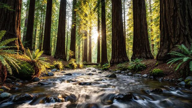 Sunlit forest stream winds between towering trees, ferns, and mossy banks, serene. Sunlit mist rises