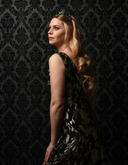 close up portrait beautiful woman, blonde hair wearing elegant black gold evening gown dress,...