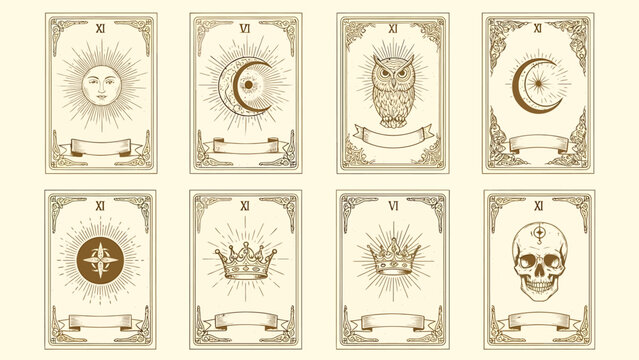 Collection of vintage mystical tarot cards with various symbols like sun, moon, owl, crown, and skull, in an ornate, sepia-toned design.