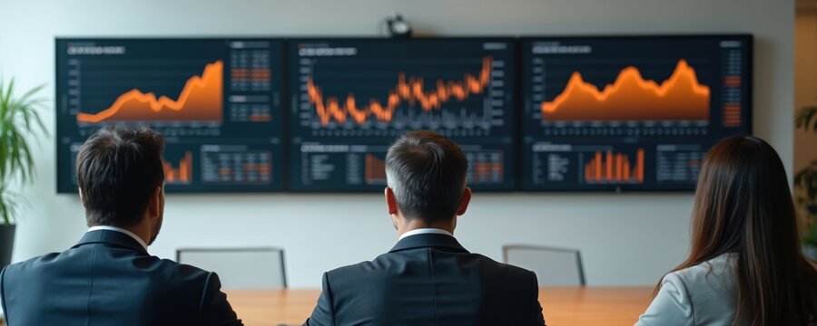 Business professionals analyze financial charts on large screen displays in a modern conference room. Team discusses data and performance metrics for strategic planning and decision making. - Powered by Adobe
