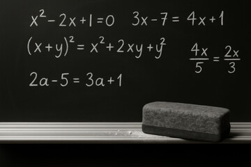 Algebra equations on classroom chalkboard with eraser symbolizing learning, problem solving, mathematics education and academic study