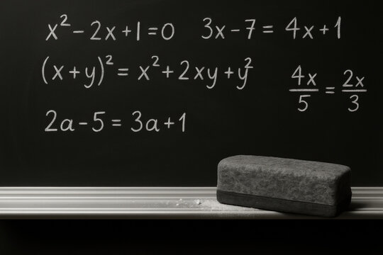 Algebra equations on classroom chalkboard with eraser symbolizing learning, problem solving, mathematics education and academic study - Powered by Adobe