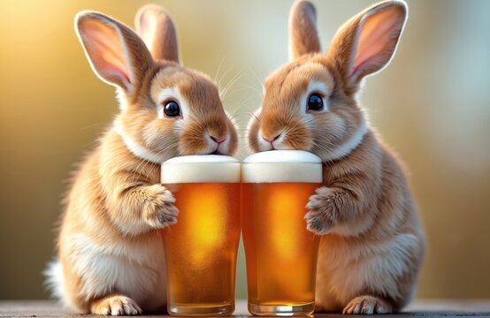 Two fluffy rabbits with big ears sit together holding frothy beer glasses. Golden amber liquid sparkles in the light. They look ready for a fun time together, maybe celebrating a holiday.