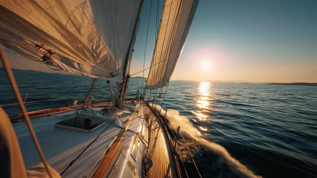 Sailing yacht at sunset on open ocean