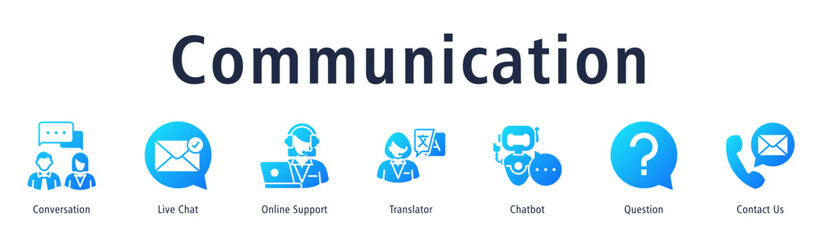 Communication banner with icons of Conversation, Live Chat, Online Support, Translator, Chatbot, Question and Contact Us.