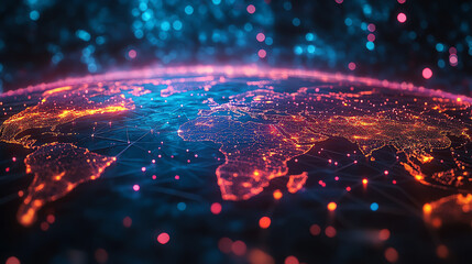 A vibrant, high-tech representation of the world map showcasing digital connections and illuminated data points.