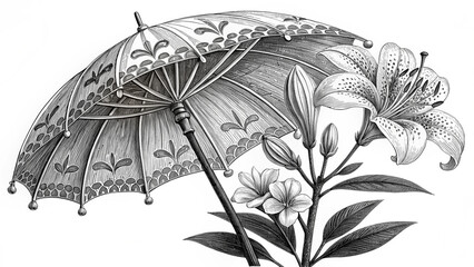 “Vintage botanical umbrella-flower hybrid, engraved etching style, detailed lines, monochrome vector illustration.”