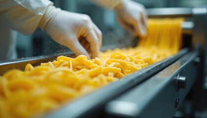 Worker in gloves touches fresh pasta on conveyor belt in food factory. Automated machinery makes spaghetti and tagliatelle in industrial kitchen. Close up view.