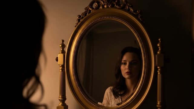 Womans reflection in an ornate oval mirror