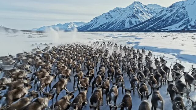 Majestic Caribou Herd Migration Across Snowy Arctic Landscape with Mountain Backdrop.