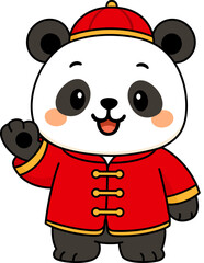 Cartoon panda in Chinese clothes waving hand