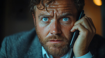 A worried businessman speaks on the phone, showcasing intense emotions and concentration in a professional setting.