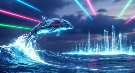 A cyberpunk dolphin leaps from the ocean waves with a futuristic city skyline and colorful laser beams in the night sky above it