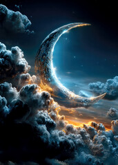 A breathtaking crescent moon shines brightly in a twilight sky, surrounded by ethereal clouds that swirl in deep hues. The scene is a tranquil blend of darkness and soft light, captivating the senses.