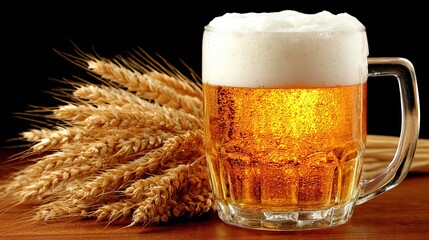 Large glass beer mug on dark wood: golden brew, white foam, wheat ears aside, warm low-contrast light, hi-res copy space, perfect for e-commerce hero, holiday poster, social ad