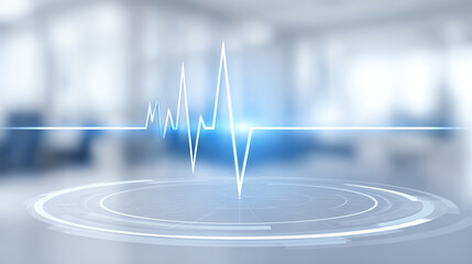 An abstract digital representation of an ECG heartbeat waveform displayed in a modern medical environment.