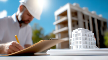 An architect sketches plans while examining a miniature model of a building. The scene captures creativity in construction.