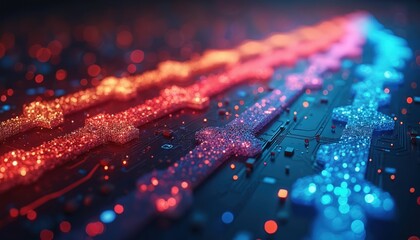 Abstract glowing arrows form a path on a digital circuit board. The colorful lights indicate progress, data flow, and tech trends. This futuristic design suits business and innovation themes.